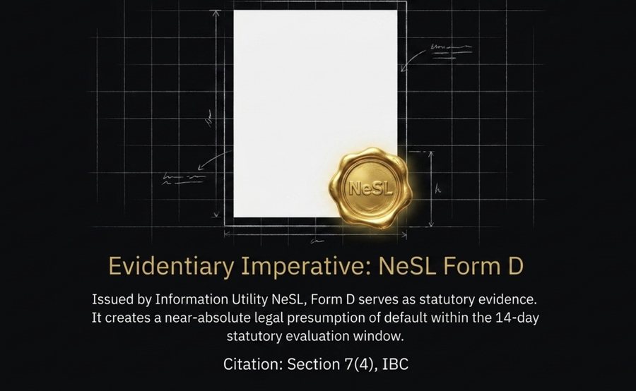 Illustration of a document bearing a gold wax seal marked NeSL, representing a Record of Default issued in Form D by the Information Utility as statutory evidence of default