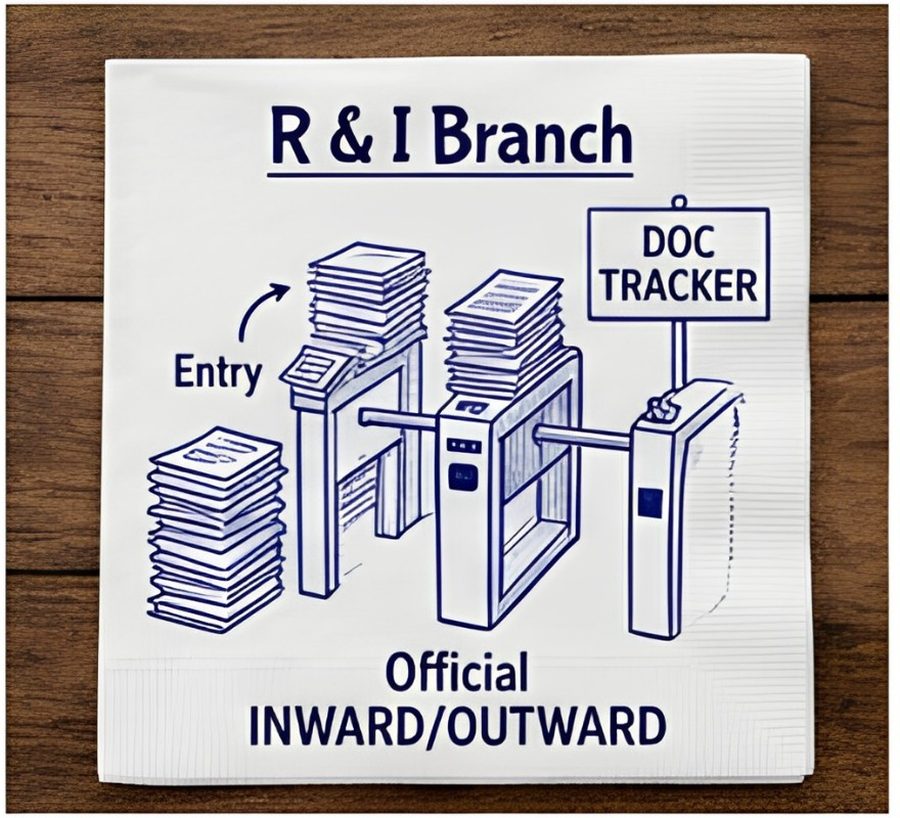 Illustration of a turnstile labelled Entry beside stacks of paper and a doc tracker sign