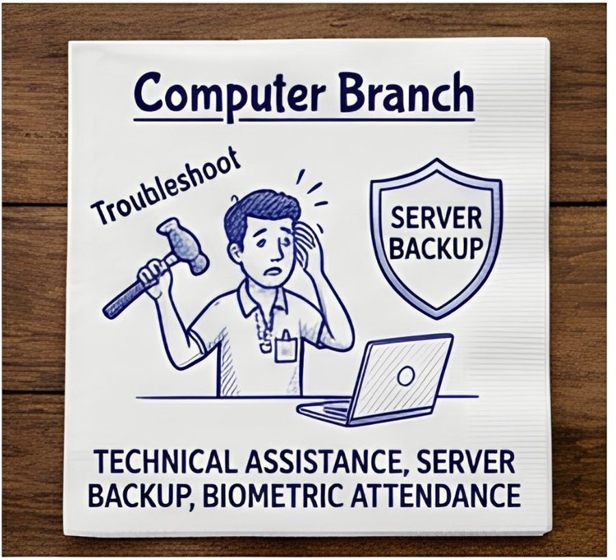 Illustration of a stressed man holding a hammer next to a laptop and a server backup shield icon