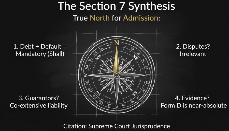 Compass illustration summarising the four settled points on Section 7 admission: debt with default makes admission mandatory, disputes are irrelevant, guarantor liability is co-extensive, and a Form D record of default is near-conclusive