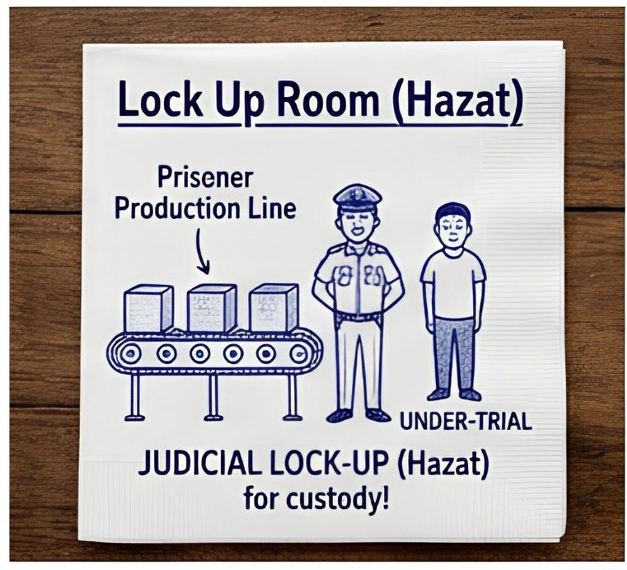 Illustration of a prisoner production line conveyor belt with a police officer beside an under-trial figure, labelled Judicial Lock-Up Hazat