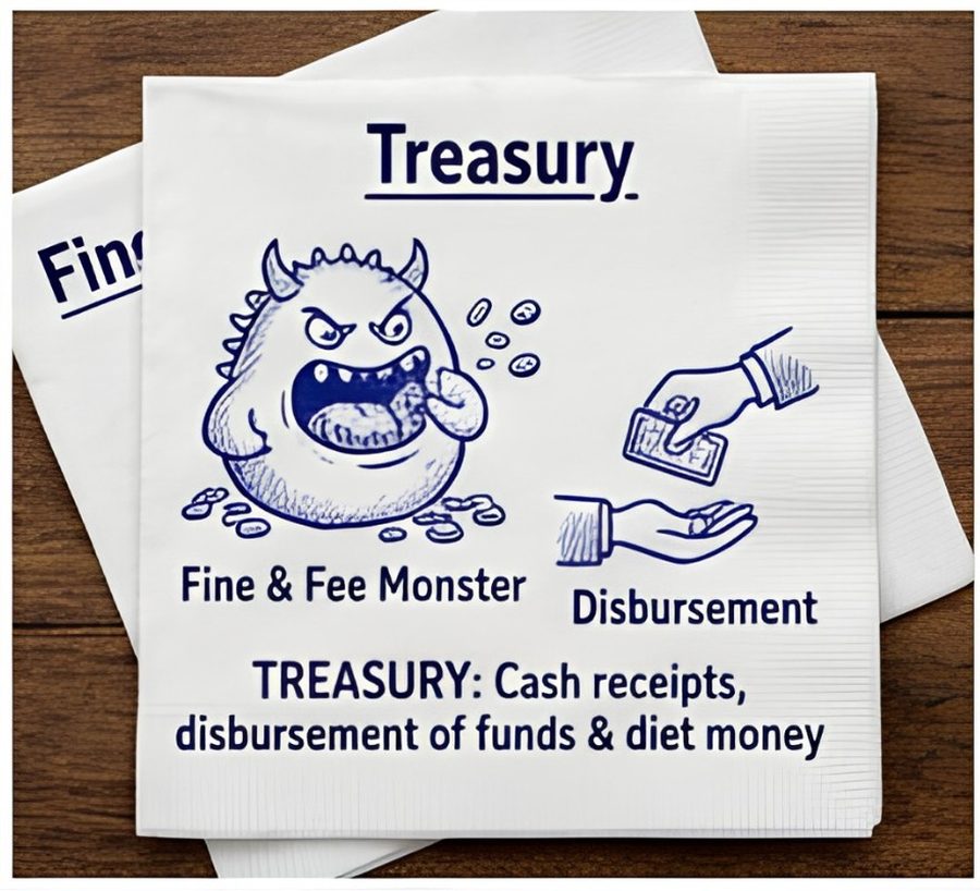 Illustration of a coin-eating fine and fee monster beside a hand disbursing money at the Treasury