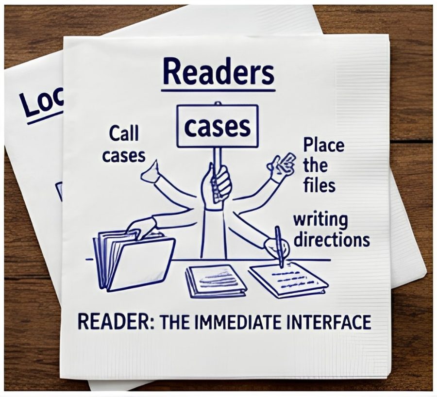 Illustration of a multi-armed reader calling cases, placing files, and writing directions labelled Reader the immediate interface