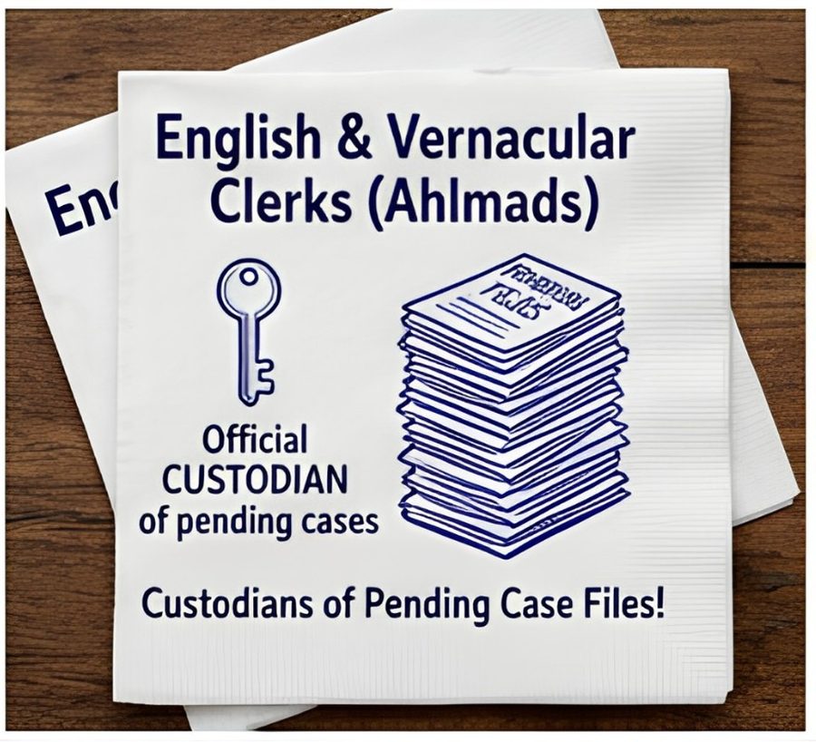Illustration of a key and a tall stack of pending files labelled English and Vernacular Clerks Ahlmads, official custodian of pending cases