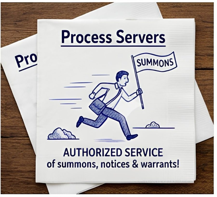 Illustration of a process server running with a flag reading Summons, labelled authorized service of summons notices and warrants