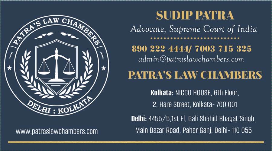 Visiting card of Sudip Patra, Advocate, Supreme Court of India — Patra's Law Chambers, Kolkata and Delhi addresses and phone numbers