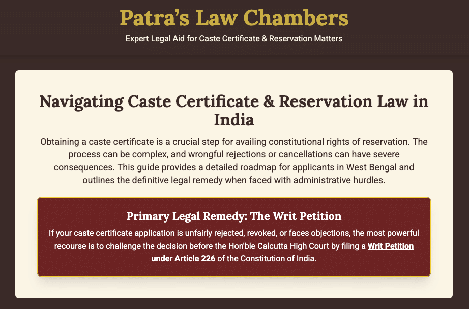 Summary graphic on caste certificate and reservation law in India naming the writ petition under Article 226 as the main remedy