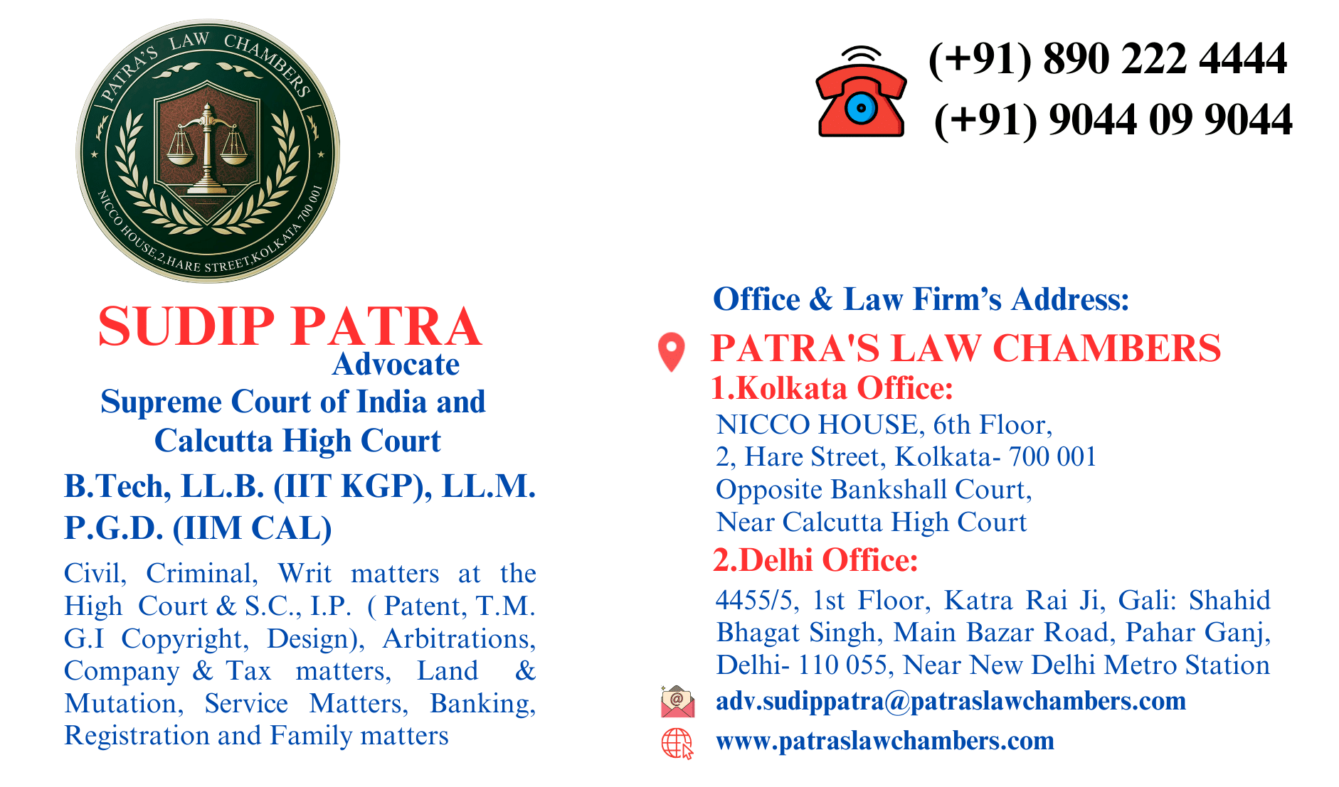 Visiting card of Advocate Sudip Patra with Kolkata and Delhi office addresses