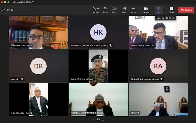 Video conference screen of a Kolkata Armed Forces Tribunal hearing with the bench and counsel
