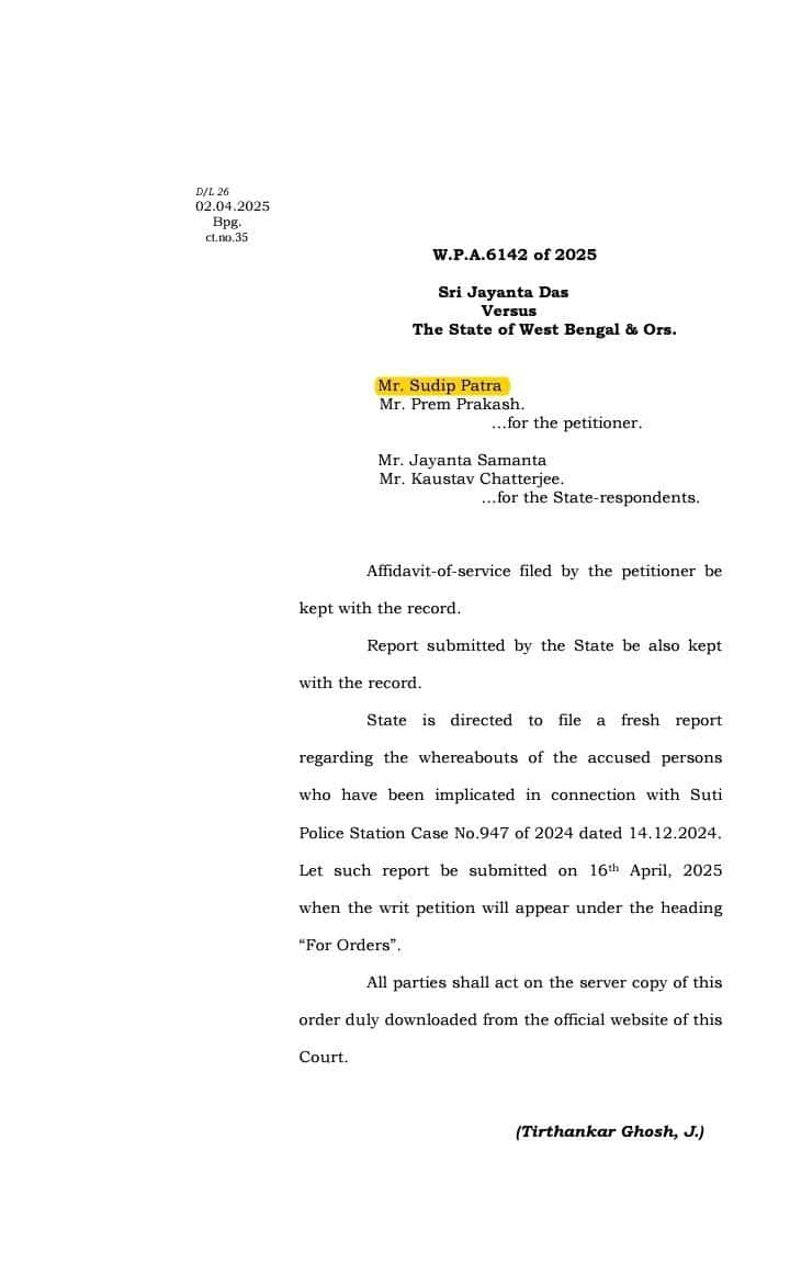 Calcutta High Court order in a writ petition directing the State to file a fresh report
