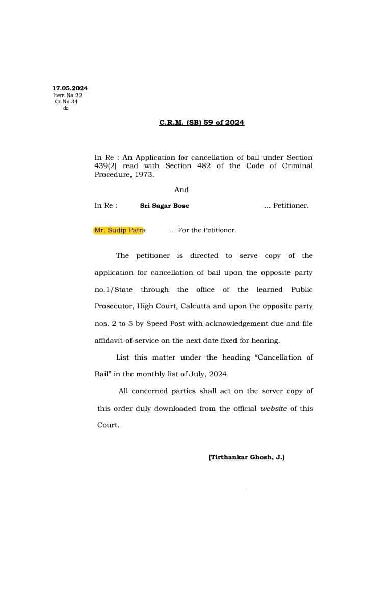 Calcutta High Court order in an application for cancellation of bail