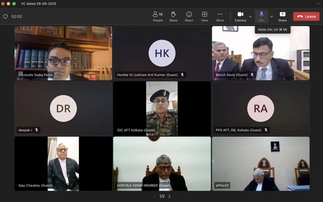 Video conference screen of a hearing before the Armed Forces Tribunal, Regional Bench Kolkata, with Advocate Sudip Patra appearing
