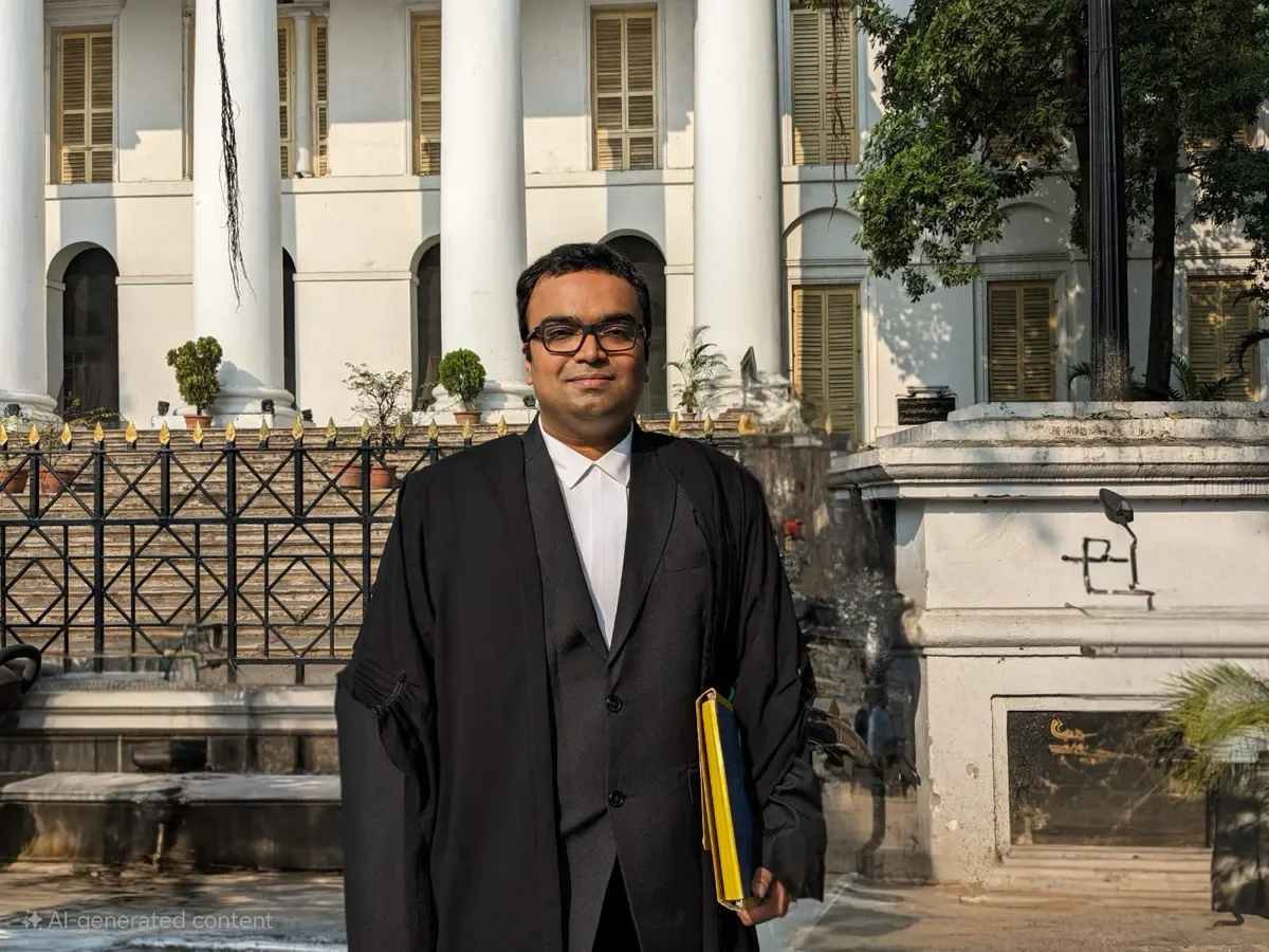 Advocate Sudip Patra in advocate's robes outside the Calcutta High Court building