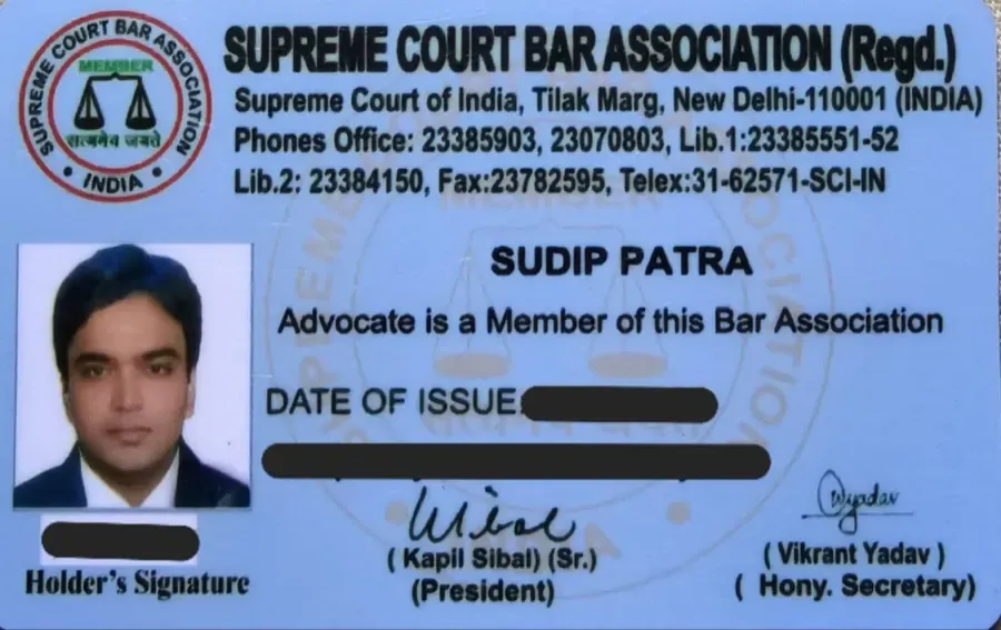 Supreme Court Bar Association membership card of Sudip Patra, Advocate
