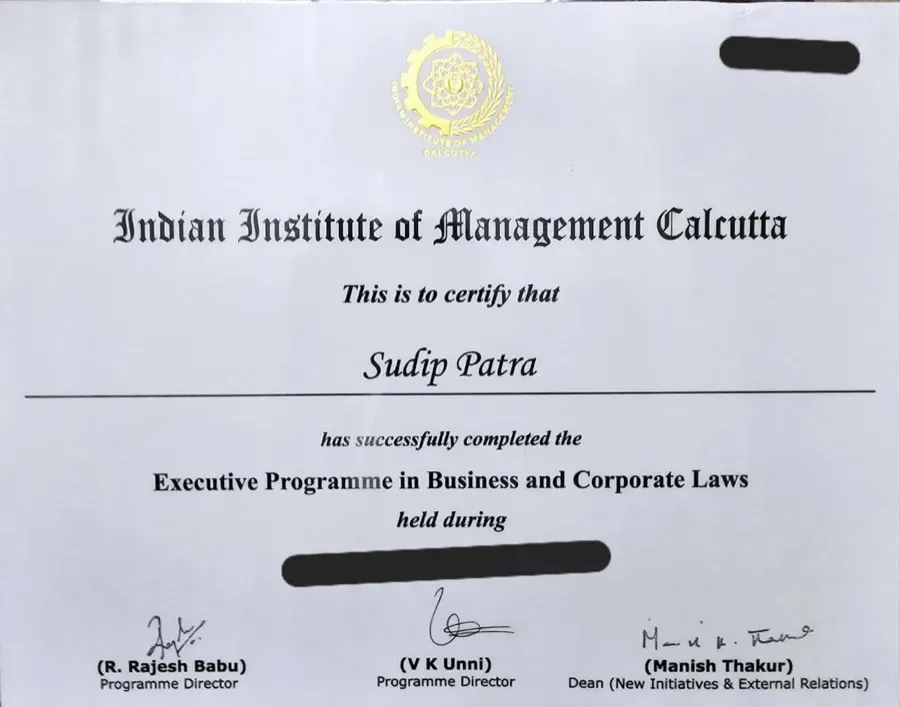 IIM Calcutta Executive Programme in Business and Corporate Laws certificate for Sudip Patra