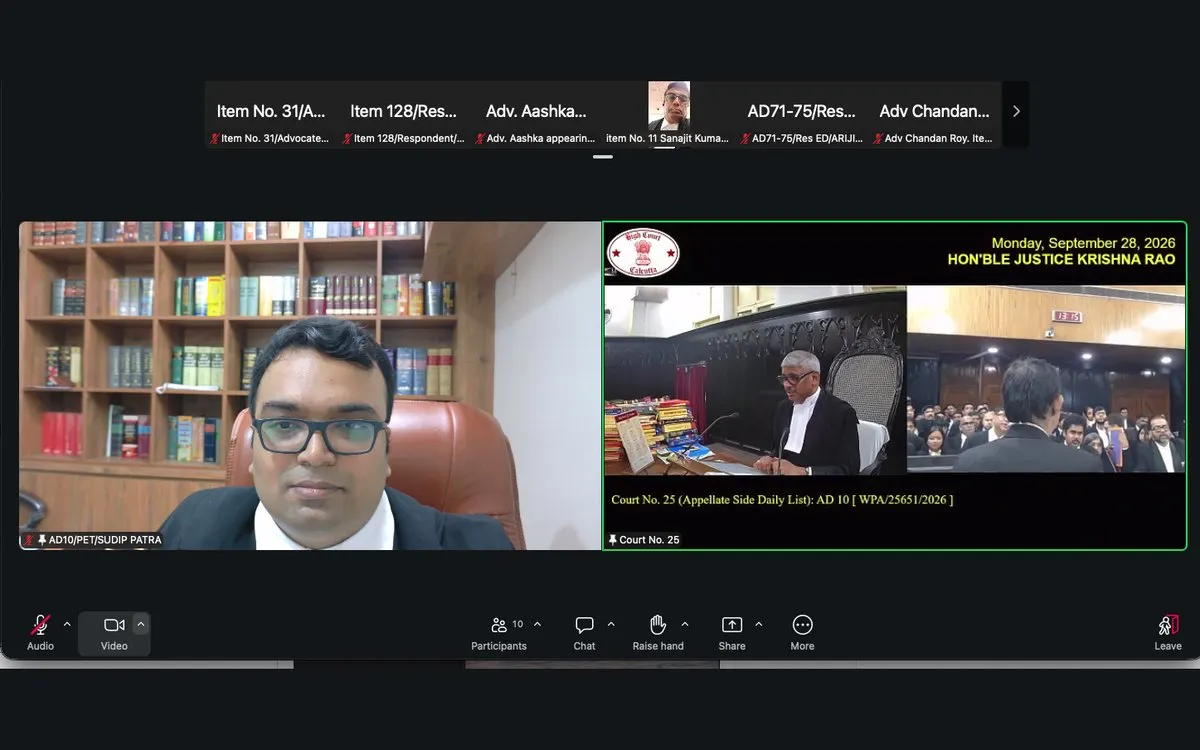 Advocate Sudip Patra appearing in a Calcutta High Court virtual hearing, September 2026