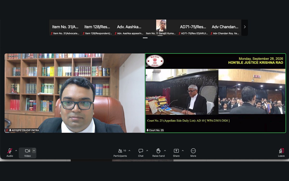 Advocate Sudip Patra appearing before the Calcutta High Court: Court No. 25 — Hon'ble Justice Krishna Rao, Appellate Side daily list. Adv. Sudip Patra for the Petitioner.