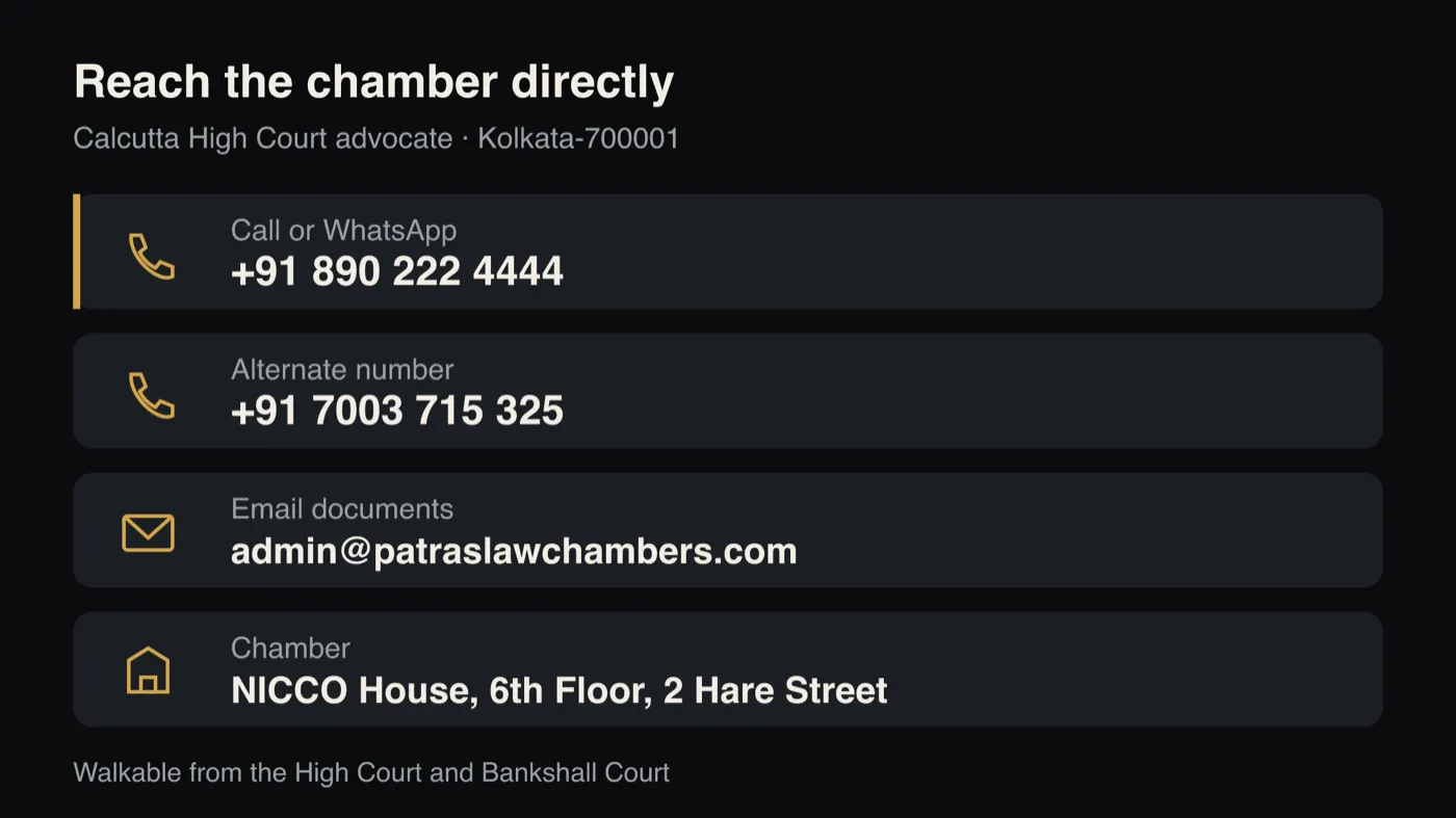 Contact card: call or WhatsApp +91 890 222 4444, alternate number +91 7003 715 325, email documents to admin@patraslawchambers.com, chamber at NICCO House, 6th Floor, 2 Hare Street, Kolkata-700001, walkable from the High Court and Bankshall Court.