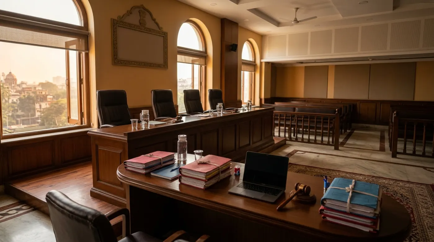 Empty tribunal hearing room in India with case files on a counsel table