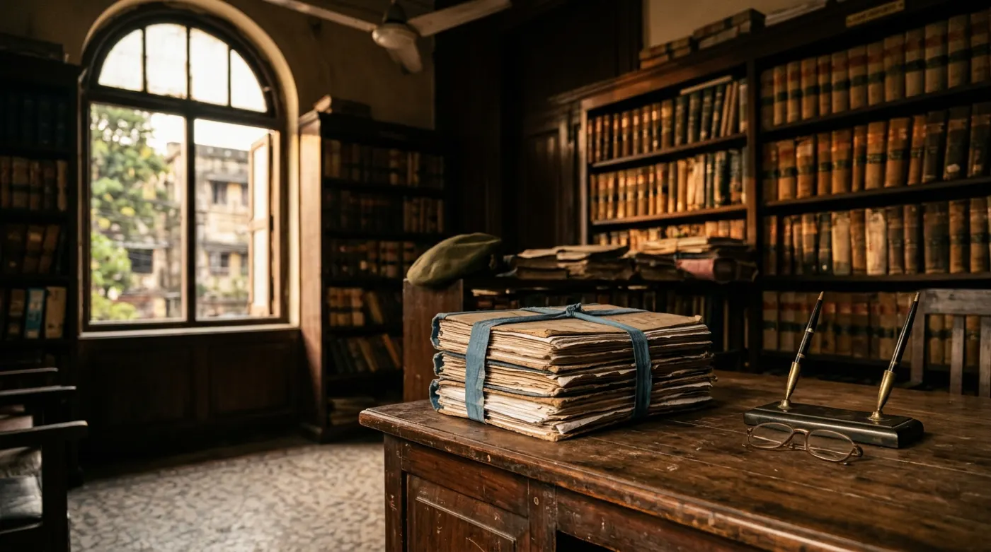 Case files, reading glasses and law reports on a desk in a Kolkata legal chamber, with a military beret on a shelf behind