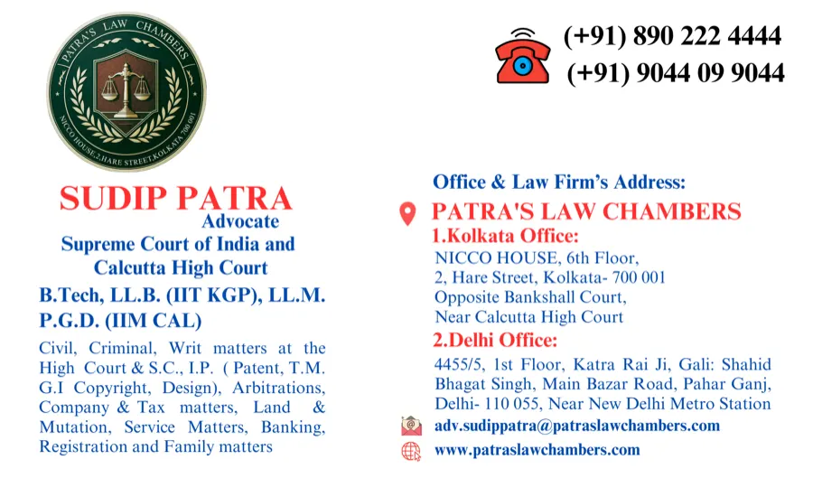 Visiting card of Advocate Sudip Patra with Kolkata and Delhi office addresses and phone numbers