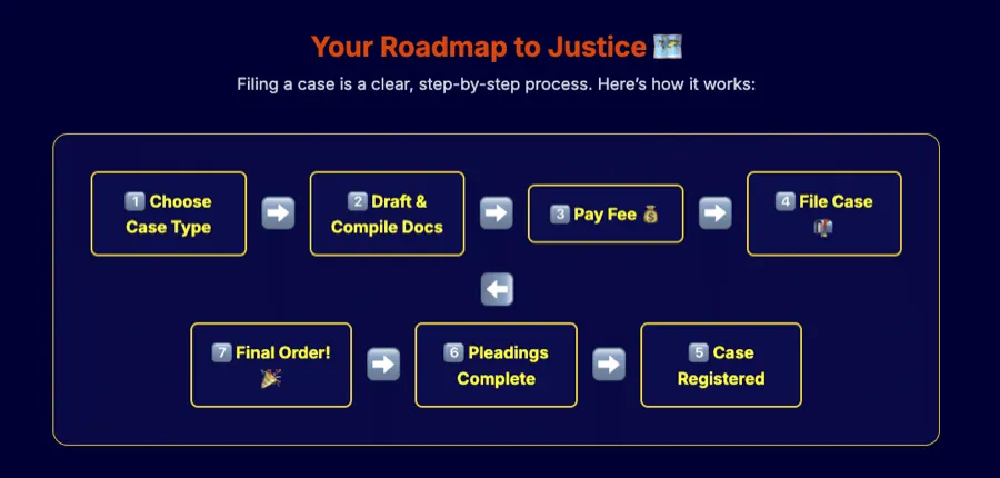 Flow diagram of the steps to file an AFT case: choose case type, draft and compile documents, pay fee, file, pleadings, final order