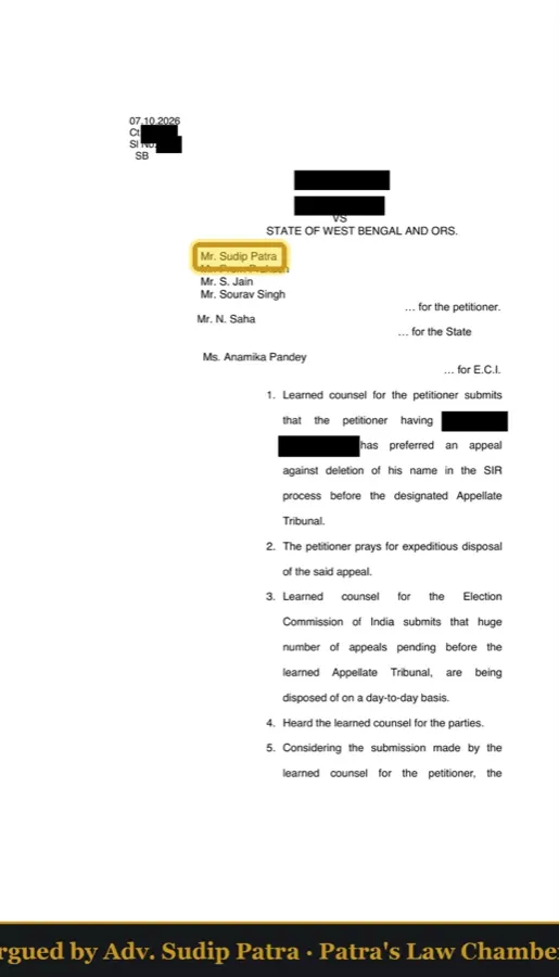 First page of the Calcutta High Court order of 7 October 2026 on a pending SIR appeal, with party names and case number hidden