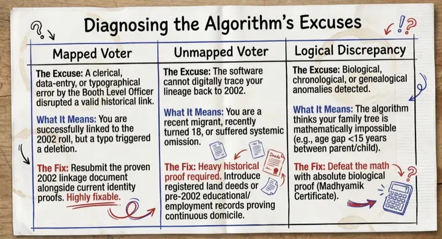 Chart comparing mapped voter, unmapped voter and logical discrepancy cases in the SIR with the fix for each