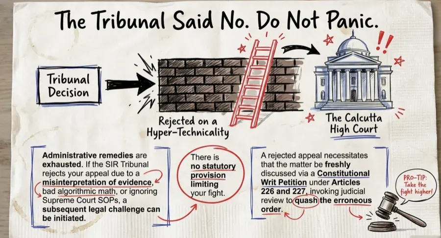 Illustration of an SIR tribunal rejection leading to a writ petition in the Calcutta High Court under Articles 226 and 227