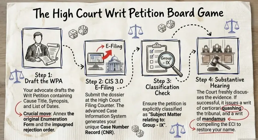 Four-step board game graphic showing how a writ petition is drafted, e-filed, classified and heard in the Calcutta High Court