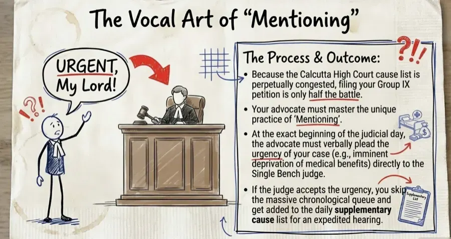 Illustration of an advocate mentioning an urgent matter before a Calcutta High Court judge
