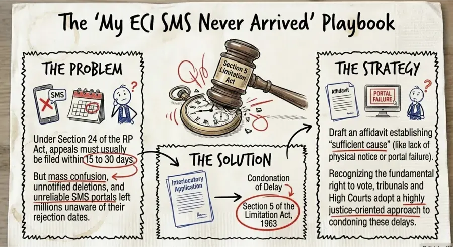 Graphic on condonation of delay under Section 5 of the Limitation Act when an SIR notice or SMS never arrived