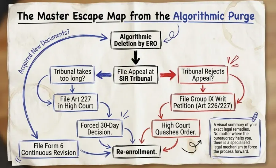 Flowchart from ERO deletion to tribunal appeal, Article 227 petition, Group IX writ and Form 6