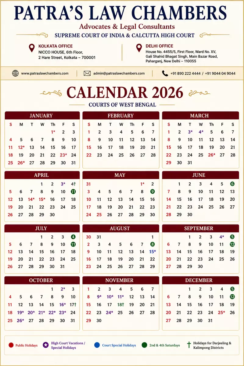 Calendar 2026 for the courts of West Bengal, showing all twelve months with court holidays marked