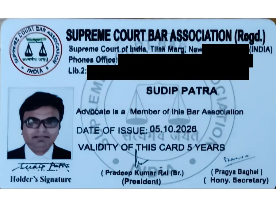 Supreme Court Bar Association permanent membership card of Advocate Sudip Patra, private details hidden