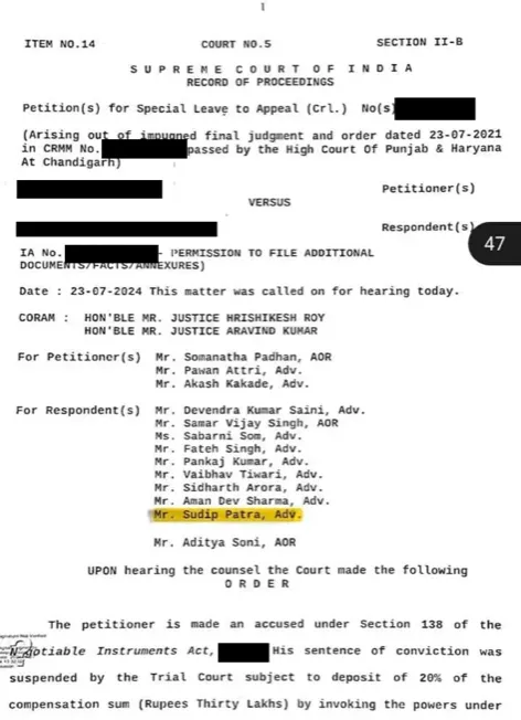 Supreme Court record of proceedings in an SLP concerning Section 138 of the Negotiable Instruments Act, with party names hidden