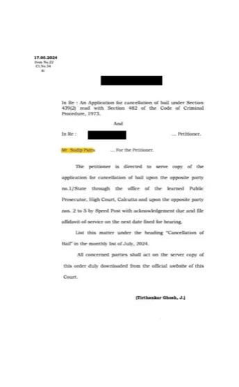 Calcutta High Court order on an application for cancellation of bail, party names hidden
